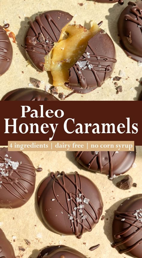 These paleo honey caramels consist of a gooey honey filling that's coated in dark chocolate and made with just 4 ingredients! These soft honey caramels are paleo, gluten free, dairy free and refined sugar free. Easy Caramel Recipe, Easy Chocolate Recipes, Paleo Candy, Caramels Recipe, Caramel Recipe Easy, Refined Sugar Free Recipes, Caramel Recipe, Caramel Filling, Easy Caramel