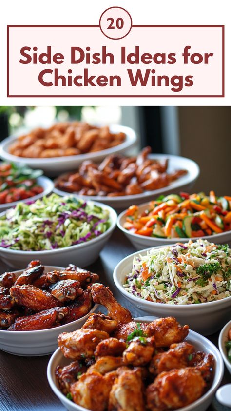 A variety of delicious side dishes for chicken wings, including coleslaw and veggie dishes, arranged on a table. Chicken Wing Platter Ideas, What To Serve With Wings At A Party, Chicken Wings And Salad, Chicken Wing Party Ideas, Chicken Wings With Side Dishes, Wings And Sides Dinners, Wingsgiving Party, Chicken Wings And Sides Meals, Sides Dishes For Chicken Wings