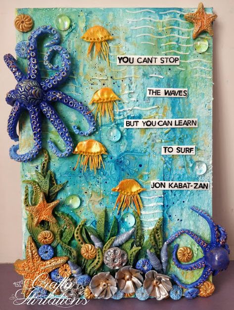 Crafty Flirtations: Beautiful Aquatic Flora and Fauna - Mixed Media Canvs Aquatic Art, Mermaid Books, Textiles Sketchbook, Nautical Painting, Mixed Media Art Canvas, Underwater Art, Mixed Media Crafts, Texture Painting On Canvas, Shell Crafts Diy