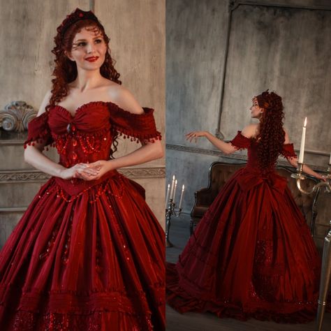 Red Corset Dress Victorian, Vampire Masquerade Ball Gowns, Victorian Ballgown Masquerade Ball, Crimson Ball Gown, Red Dress Aesthetic Medieval, Red Ballgown Aesthetic, Masquerade Ball Gowns Red, Dresses Victorian Era, Masquerade Party Outfit Dresses