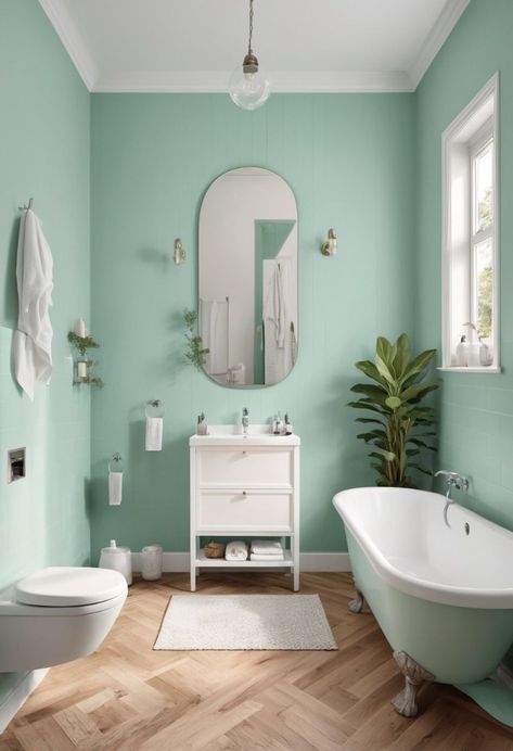 Revamp your bathroom with 2024's Retro Mint paint! 🌿🛁 Bring a fresh, vintage vibe to your space. Check it out now! #InteriorDesign #BathroomDecor #RetroMint #HomeTrends #PaintColors2024 Mint Colored Bathroom, Mint Paint Colors, Mint Green Bathroom, Mint Green Bathrooms, Mint Bathroom, Pink Bathrooms, Pastel Bathroom, Mint Paint, Kitchen Color Palettes