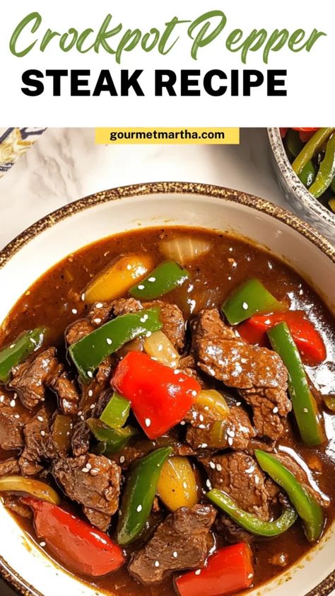 This Crockpot pepper steak recipe delivers tender beef strips and colorful bell peppers simmered in a savory, slightly sweet sauce. The slow cooker brings out incredible flavors, making it the perfect easy dinner for busy nights. Try this recipe today – see full instructions #crockpotrecipes #peppersteak #beefrecipes #easymeals #slowcooker #comfortfood #weeknightdinner #asianinspired #slowcooked Beef Pepper Steak, Crockpot Steak Recipes, Crockpot Pepper Steak, Crockpot Dump Recipes, Slow Cooker Steak, Crockpot Steak, Pepper Steak Recipe, Slow Cooker Stuffed Peppers, Easy Steak Recipes