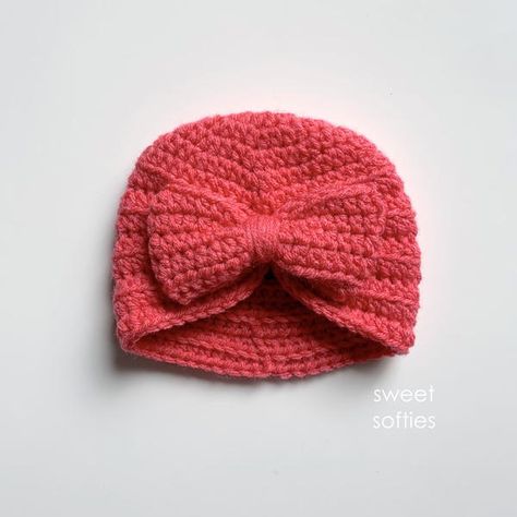 Ribbed Baby Turban Hat With Bow Newborn Crochet Hat Pattern, Easy Beginner Crochet Patterns, Baby Turban Hat, Crochet Newborn Hat, Crochet Baby Hat Patterns, Baby Crochet Patterns Free, Crocheted Hat, Baby Hat Patterns, Baby Turban