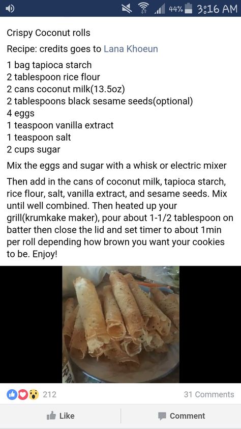 Crispy Coconut Roll Recipe: from Fb group Hmong Kitchen Crispy Rolls Recipe, Crispy Coconut Rolls, Coconut Crispy Rollers Recipe, Crispy Coconut Rolls Recipe, Plant Based Baking, Coconut Rolls, Lao Recipes, Healthy Sugar Alternatives, Crispy Rolls