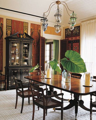 The French-born interior designer’s eccentric glamour delights high-profile folks such as best-dressed writer Amy Fine Collins, hairstylist and… British Colonial Dining Room, British Colonial Dining, British Colonial Interiors, Colonial Dining Room, British Colonial Decor, Colonial Interior, Traditional Dining Rooms, British Colonial Style, Colonial Design