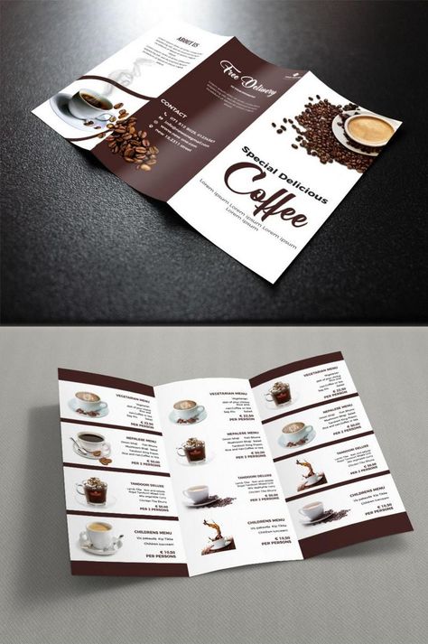 Cafe Flyer Design, Cafe Brochure, Coffee Brochure, Menu Trifold, Arrow Stencil, Coffee Magazine, Coffee Menu Design, Menu Brochure, Cafe Menu Design