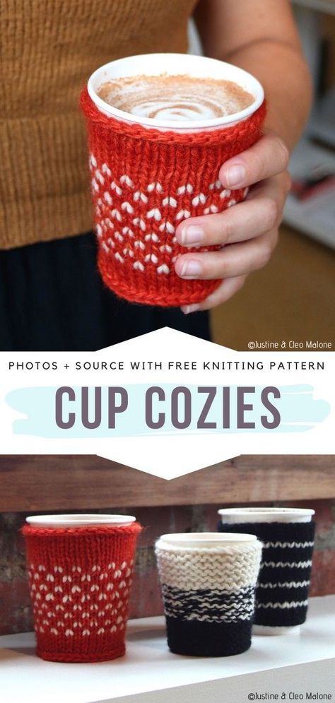 Cup Cozies Free Knitting Pattern Do you drink a lot of take out coffee? All the hard-working, super busy elves do during Christmas time! These knitted cup cozies are great both for home use and long days spent running errands. You should always have one in your purse. #knittedmugcozy #knittedchristmas Knit Coffee Cozy Pattern, Cup Cozy Knitting Pattern, Mug Patterns, Knit Cup Cozy, Mug Cozies, Knit Coffee Cozy, Coffee Cozy Pattern, Cup Cozy Pattern, Small Knitting Projects