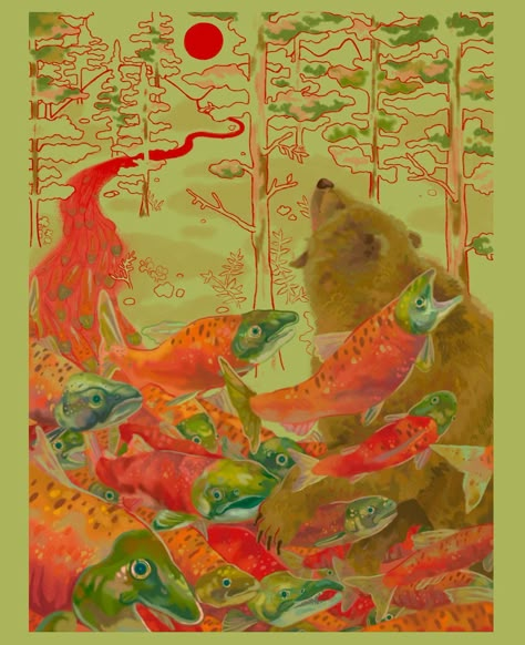 ellis on Instagram: “Salmon run 🎏 one of my final pieces for my intro to illustration class with @tedmichalowski :) We were challenged to take an editorial and…” Editorial Art Illustrations, Splatoon Salmon Run Art, Salmon Run Aesthetic, School Of Fish Art, Salmon Mermaid, Salmon Run Art, Animal Hybrids Art, Salmon Reference, Salmon Run Splatoon