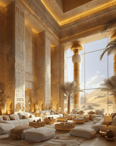 Ancient Egypt Interior Design, Egypt Decorations, Egyptian House, Egyptian Aesthetic, Egypt Design, Palace Interior, Ancient Egypt Art, House Arch Design, Egypt Art