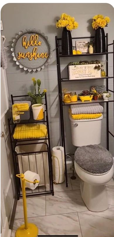 Modern Cabinetry, Yellow Bathroom Decor, Beautiful Bathroom Decor, Bathroom Decor Themes, Yellow Bathroom, Kitchen Island Ikea Hack, Room Cozy, Restroom Decor, Bathroom Themes