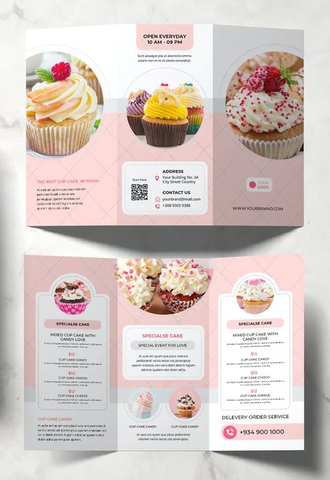 Cake Store Trifold Brochure Template InDesign Cake Leaflet Design, Bakery Pamphlet Design, Food Brochure Design Ideas, Brochures Design Ideas, Cake Brochure Design, Cake Store Design, Broucher Ideas Design, Pamphlets Design Ideas, Bakery Brochure