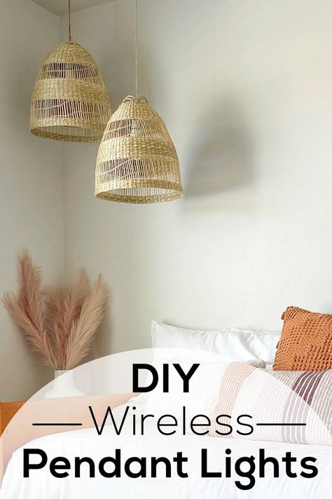 Two Basket lights hanging over a daybed Boho Bedroom Lamp, Small Room Lighting, Boho Pendant Light, Diy Pendant Lamp, Living Room Baskets, Pendant Lamp Living Room, Basket Pendant, Guest Bedroom Makeover, Boho Lamp