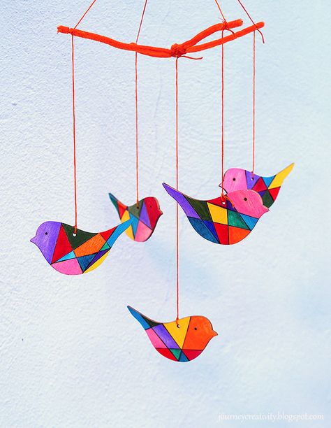 Create a beautiful mobile with colorful patterned wooden birds. Use a woodburning kit like the artist, or simply draw the … Bird Mobile Diy, Mobile Birds Diy, Wool Mobile, Wood Bird Ornament, Flying Bird Mobile Diy, Simply Draw, Wooden Flying Bird Mobile Diy, Wood Birds, Wooden Birds