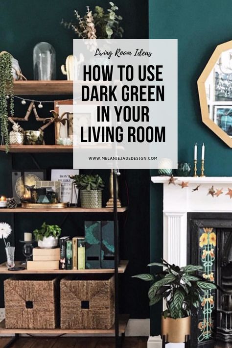 How to use dark green in your living room. Styling tips with furniture and soft furnishing ideas #melaniejadedesign #livingroomdetails #interiorblogger Black Evergreen Living Room, Dark Green Family Room Ideas, Dark Green Industrial Living Room, Living Room Dark Green Accent Wall, Dark Blue Green Living Room, Dark Green Decor Living Room, Green Tropical Living Room, 2023 Paint Color Trends Living Room, Dark Green Family Room