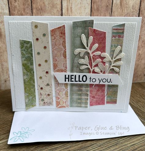 This fun all occasion card will delight any receiver.  It features strips of patterned glitter paper with a simple sentiment.  Card is blank inside, ready for your personal message.  Card measures 5 1/2" x 4 1/4". Envelope measures 5 3/4" x 4 3/8" . Rustic Cards Handmade, Cards Using Scraps Of Paper, Fun Folds Stampin Up Cards, Strip Cards, Designer Paper Cards, Scrappy Cards, Creative Birthday Cards, Scrap Cards, Card Making Templates