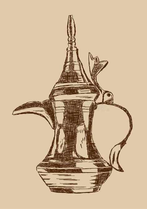 Old Style Hand Drawn Arabic Coffee Pot - Vector Illustration vector illustration Arabic Coffee Drawing, Arab Illustration Art, Arab Coffee Aesthetic, Arabic Coffee Illustration, Coffee Hand Drawn, Coffee Pot Drawing, Arab Drawing, Arab Illustration, Dallah Arabic Coffee