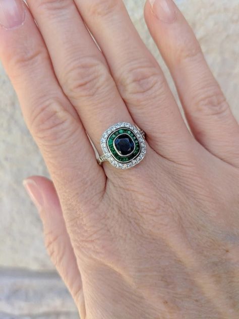 Emerald Halo Engagement Ring, Channel Ring, Halo Engagement Ring Emerald, Double Halo Engagement, Engagement Rings Vintage Halo, Estate Rings, Engagement Ring Vintage, Vintage Style Rings, Double Halo