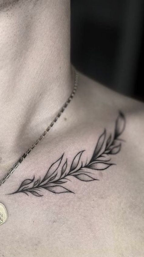 Vines On Collar Bone Tattoo Men, Greek Leaves Tattoo Chest, Roman Leaf Tattoo, Laurel Branch Tattoo, Leaf Crown Tattoo, Roman Leaves Tattoo, Laurel Tattoo Design, Collarbone Tattoo Men, Olive Leaf Tattoo