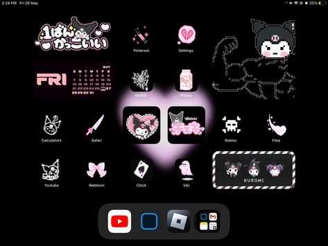 Kuromi Homescreen Layout, Kuromi Wallpaper Ipad, Ipad Theme Ideas Aesthetic, Kuromi Homescreen, Ipad Layout Homescreen, Kuromi Background, Sanrio Homescreen, Kuromi Theme, App Themes