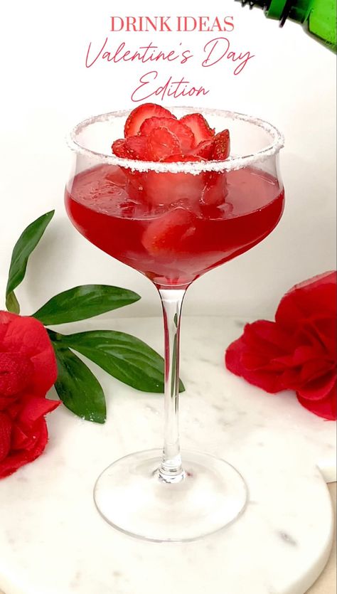 Strawberry Rose Mocktail / Cocktail Idea for a healthy Non Alcoholic Galentine’s Drink Strawberry Roses, Themed Drinks, Mocktail Recipe, Valentine Day Crafts, Non Alcoholic, Mocktails, Red Flowers, Alcoholic Drinks, Frozen