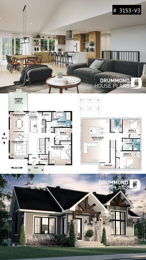 Budget Friendly Home Plans, Bungalow House Plans With Basement, Budget Friendly 4 Bedroom House Plans, Budget Friendly House Plans, House With Basement, 2 Bedroom House Plan, One Floor House Plans, Budget House Plans, Drummond House Plans