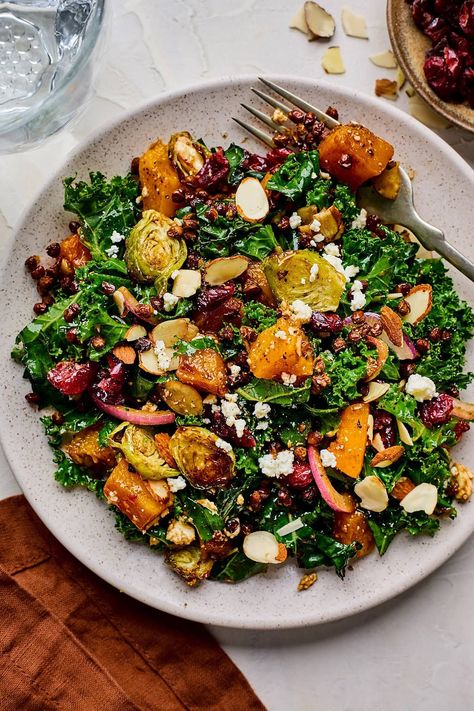 Kale Salad with Roasted Vegetables and Crispy Lentils - Two Peas & Their Pod Roasted Kale Salad Recipes, Sean Sherman Recipes, Kale Harvest Salad, High Fiber Salads, Roasted Kale Salad, Kale Brussel Sprout Salad, Crispy Lentils, Salad With Roasted Butternut Squash, Warm Kale Salad