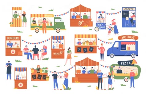 Premium Vector | Vector street food marketplace. outdoor farmers market, characters buy and sell vegetables, bread, flowers and other products, street shopping trade illustration. local kiosks, food vendor booths Outdoor Farmers Market, Street Shopping, Vendor Booth, Outdoor Market, Food Trucks, Booth Design, Sticker Collection, Kiosk, Book Illustration