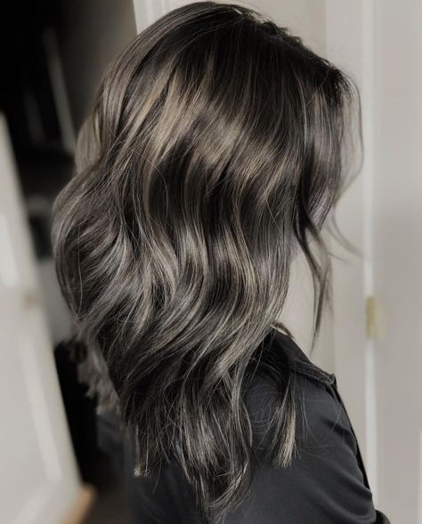 Black Hair with Gray Babylights Light Brown Hair Grey Highlights, Black Hair Going Grey, Highlights To Hide Gray Hair Brunettes, Grey Blending Highlights Dark Brown, Ash Grey Hair, Gray Blending, Grey Blending, Gray Highlights, Dark Grey Hair