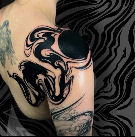 Mist Tattoo Ideas, Black On Black Tattoo, Black Swirl Tattoo, Black And White Forearm Tattoo, Dark Coverup Tattoo Ideas, Black Leaves Tattoo, Dark Abstract Tattoo, Big Tattoo Cover Up Ideas, Ink Spill Tattoo