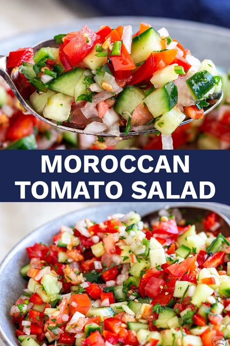 This Moroccan Tomato Salad is one of my go-to salads when juicy, ripe tomatoes are at their best. Combining fresh tomatoes, cucumber, capsicum, onions, herbs, and tangy lemon juice creates a perfect balance of sweet and sour. It is refreshing, light, and totally delicious! It is also incredibly versatile. You can serve it as a side dish with grilled meat or fish, add it to wraps or flatbreads, and it is an excellent addition to any summer potluck or BBQ. Moroccan Side Dishes, Grill Sides, Moroccan Dinner, Lebanese Salad, Middle Eastern Salads, Moroccan Salad, Club Sandwich Recipes, Moroccan Nights, Summer Potluck