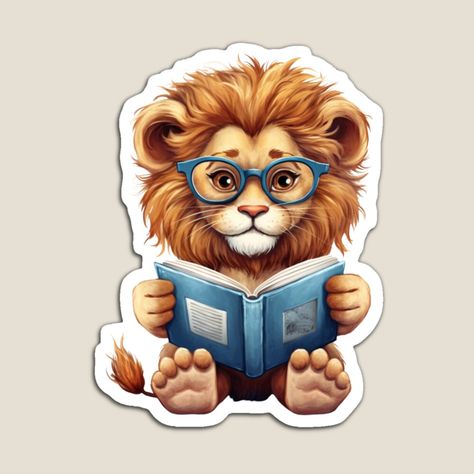 Lion Sitting, Lion Love, Reading Art, Cute Lion, Animals Art, Reading A Book, Wearing Glasses, Reading Book, A Lion