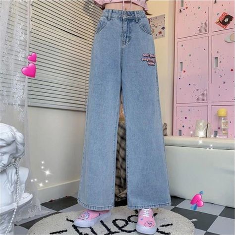 Japanese Spring Women Jeans Cowboy Wide Leg Demin Pants Love Embroidery Loose Wild Vintage Straight Leg Pants Student Streetwear Wild Leg Jeans, Embroidery Kawaii, Kawaii Spring, Japanese Spring, Streetwear Korean, Women Embroidery, Love Embroidery, Vintage Cowboy, Spring Women