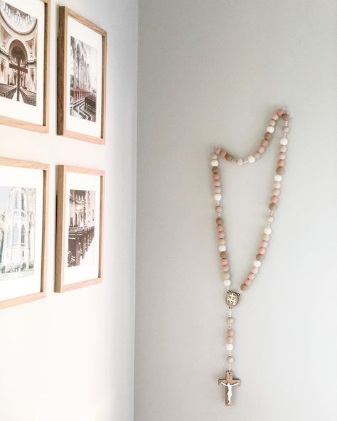 Wall Rosary Decor, Large Rosary Wall Hanging, Rosary Decor, Home Altar Catholic Beautiful, Wall Altar Ideas Catholic, Rosary Display, Sacrament Of Reconciliation, Wall Cross Decor, Wall Rosary