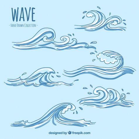 Several decorative hand-drawn waves Free Vector Wave Drawing Simple, Ocean Wave Drawing, Waves Sketch, Wave Drawing, Art Placement, Wave Tattoo, Wave Illustration, Drawing Simple, Waves Tattoo