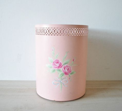 Vintage Tole Painted Metal Trash Can / Detecto Floral Flowers ... Coquette Trash Can, Pink Trash Can, Trailer Aesthetic, Farmhouse Decor Bathroom, Teen Bed, Can Flowers, Roses Ribbon, Mid Century Farmhouse, Metal Trash Cans