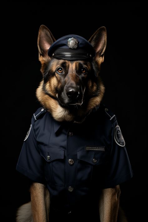 portrait photography of a german shepherd dog wearing police uniform in a dark background. Police Portrait Photography, Police Portrait, Dark Ambiance, German Shepherd Photography, K9 Police Dogs, K9 Police, Dog Hero, Police Uniform, Dark Portrait