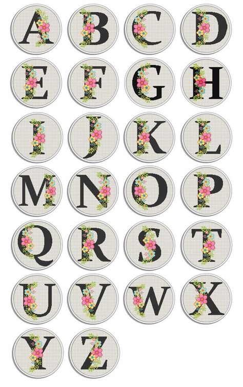 Numbers With Flowers, Lettering Fonts Alphabet, Hand Embroidery Letters, Fonts Ideas, Flowers Cross Stitch Pattern, Alphabet Lettering, Monogram Cross Stitch, Embroidery Hoop Art Diy, Flowers Cross Stitch