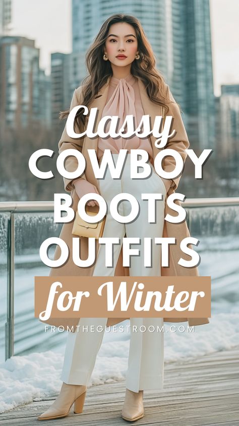 a woman wears classy cowboy boots for winter, western outfits Outfits With Brown Cowboy Boots, Brown Cowboy Boots Outfit Winter, Boots Outfit Classy, Women Cowboy Boots Outfit, Cowgirl Boots Outfit Winter, Cowboy Boots Outfit Western, Brown Cowgirl Boots Outfit, Boots Outfit Ideas For Women, Tall Cowboy Boots Outfit