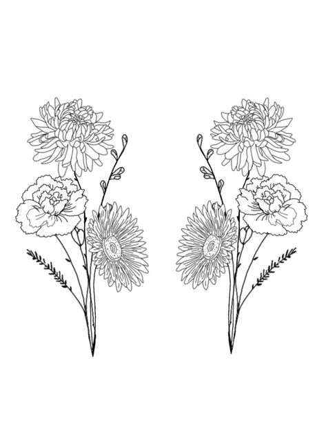 Birth flower November January and April Carnation Daisy Marigold Tattoo, Chrysanthemum Daisy Tattoo, Daisy Bunch Tattoo, Carnation And Chrysanthemum Tattoo, Chrysanthemum And Daisy Tattoo, Daisy And Carnation Tattoo, November Birth Flowers, Sweet Pea Tattoo, Marigold Tattoo