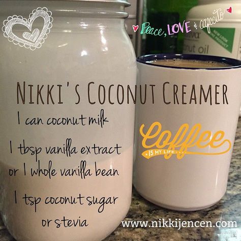 Nikki Jencen's Homemade Coconut Coffee Creamer Coconut Coffee Creamer, Homemade Coffee Creamer Recipe, Coconut Creamer, Homemade Coffee Creamer, Coffee Creamers, Coffee Creamer Recipe, Creamer Recipe, Coconut Coffee, Homemade Coffee