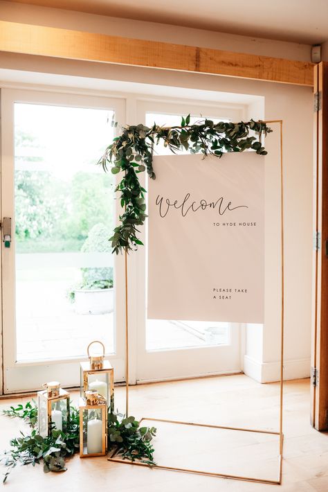 Modern Wedding Signage, Copper Wedding Arch, Hanging Eucalyptus, Hyde House, Wedding Entrance Sign, Welcome Flowers, Wedding Sign Decor, Lantern Decor Wedding, House Flowers