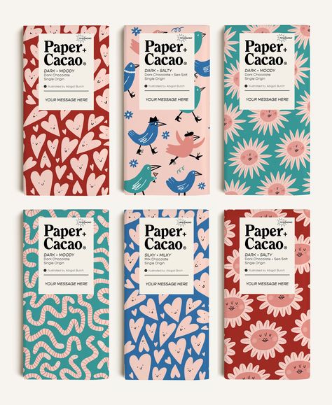 Cute and colourful chocolate bar designs for Paperboy by London based Illustrator Abigail Burch, creator of quirky, playful illustrations full of fun and charm. These designs are available to customise and send via Paperboy's app. #chocolatebars #papercacao #packagingdesign #patterns #flowers #worms #birds #paperboy #patterndesign #characterdesign #loveheart #characters #flowerpattern #floralpattern #kidspatterns Illustrated Packaging, Chocolate Bar Brands, Chocolate Bar Design, Cute Chocolate, Chocolate Packaging Design, Patterns Flowers, Create Logo, Bar Designs, Flowers Illustration