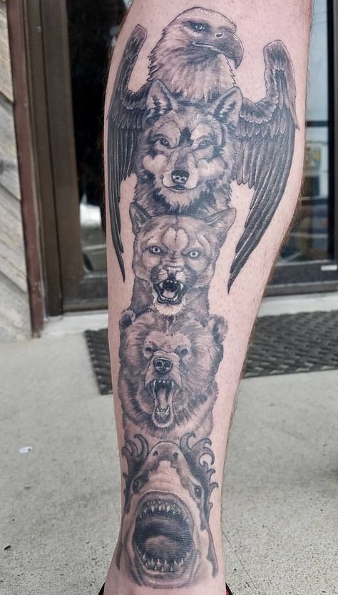 Brother Bear Wolf Totem Tattoo, Totem Sleeve Tattoo, Totem Tattoo Native American, Native American Tattoos Wolf, Totem Pole Tattoo Native American, Totem Pole Tattoo Sleeve, Animal Totem Tattoo, Totem Tattoo Animal Native American, Lilly Tattoos