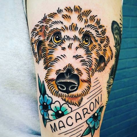 18 Best Goldendoodle Tattoo Ideas | The Dogman Goldendoodle Tattoo, Labradoodle Tattoo, Blue Flame Tattoo, Poodle Tattoo, Squirrel Tattoo, Dog Portrait Tattoo, Puppy Tattoo, Tatoo Styles, Pug Tattoo