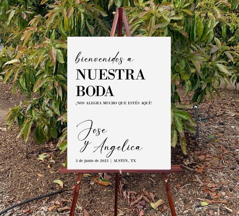 "This gorgeous personalized Wedding Welcome sign would be the perfect addition to your special day. It features the phrase Welcome to Our Wedding in Spanish, \"bienvenidos a Nuestra Boda...\", personalized with the happy couples names, wedding date and location. It would look beautiful at the entrance to your venue greeting your wedding guests. This listing is for a physical product that will be shipped to you. We offer a couple different sizes and product finish options. SIZE OPTIONS (inches): * 12\"X16\" (Only offered in Poster and Foam Board product finishes) * 18\"X24\" * 24\"X36\" PRODUCT FINISH: * POSTER Print - This is your traditional paper print poster. It will come rolled and will need to be put in a frame or adhered to a rigid background for display purposes. * FOAM Board - This Bienvenidos Wedding Sign, Wedding Signs Spanish, Spanish Wedding Welcome Sign, Spanish Wedding Signage, Spanish Wedding Signs, Wedding Entry Sign, Spanish Style Weddings, Hispanic Wedding, Modern Wedding Welcome Sign