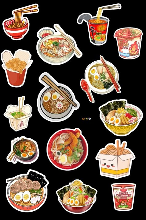 Cute Food Stickers Printable Aesthetic, Food Stickers Printable, Canva Sticker, Background Sticker, K Food, Asian Soup, Scrapbook Stickers Printable, Food Stickers, Cute Doodles Drawings