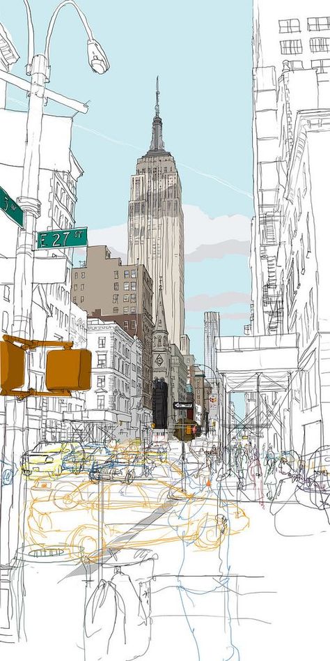 Explore Rupert.vanwyk's photos on Flickr. #illustration #drawing #art #newyork Nyc Empire State Building, Architectural Sketch, Beautiful Illustration, City Illustration, Essay Help, Urban Sketchers, A Level Art, Architecture Illustration, Landscape Drawings