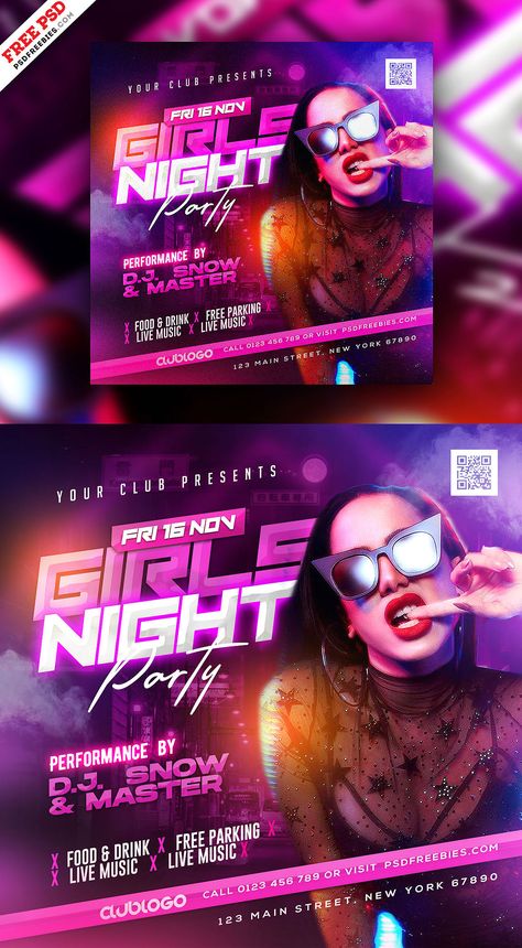 Download our Free Girls Night Out DJ Party Instagram Post PSD now! This creative template is designed to promote your upcoming special night party dedicated to girls and ladies party, music event, concert, festival, or a weekly event at a music club. It’s the perfect template to create excitement and engage your audience. Dj Event, Graphic Design Posters Layout, Shopify Marketing, Music Club, Free Psd Flyer, Music Flyer, Party Template, Restaurant Marketing, Music Poster Design