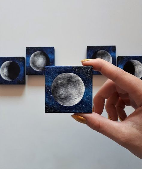 Moon Phases Set Of Five Made To Order. Moon Phases Art | Etsy Mini Canvas Moon Painting, Half Moon Painting, Painted Moon, Paint Moon, Mini Art Drawings, Moon Phase Painting, Moon Canvas Painting, Moon Paintings, Outer Space Art