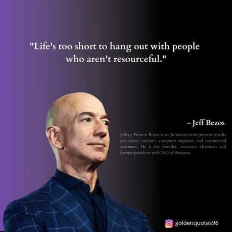 Famous Quotes by Jeff Bezos | Quotes Motivation #2


Jeff Bezos is an American entrepreneur, media proprietor, investor, computer engineer, and commercial astronaut. He is the founder, executive chairman and former president and CEO of Amazon. Jeff Bezos Quotes, Quotes From Successful People, Senior Quotes, Study Quotes, Jeff Bezos, Become Successful, Something Big, Successful People, Life Is Short